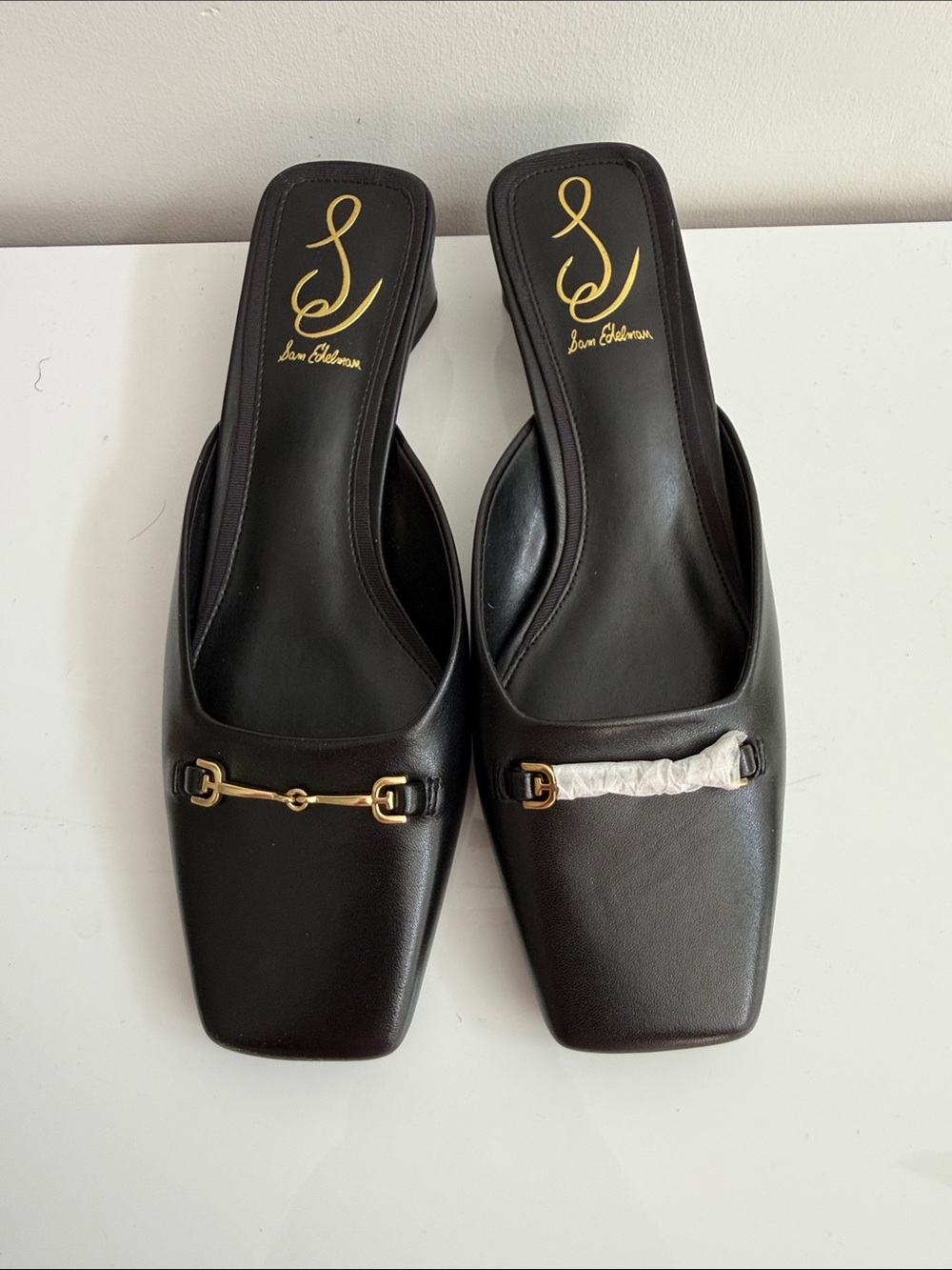 Sam Edelman Black Leather Square-Toe Mules with Gold Accents